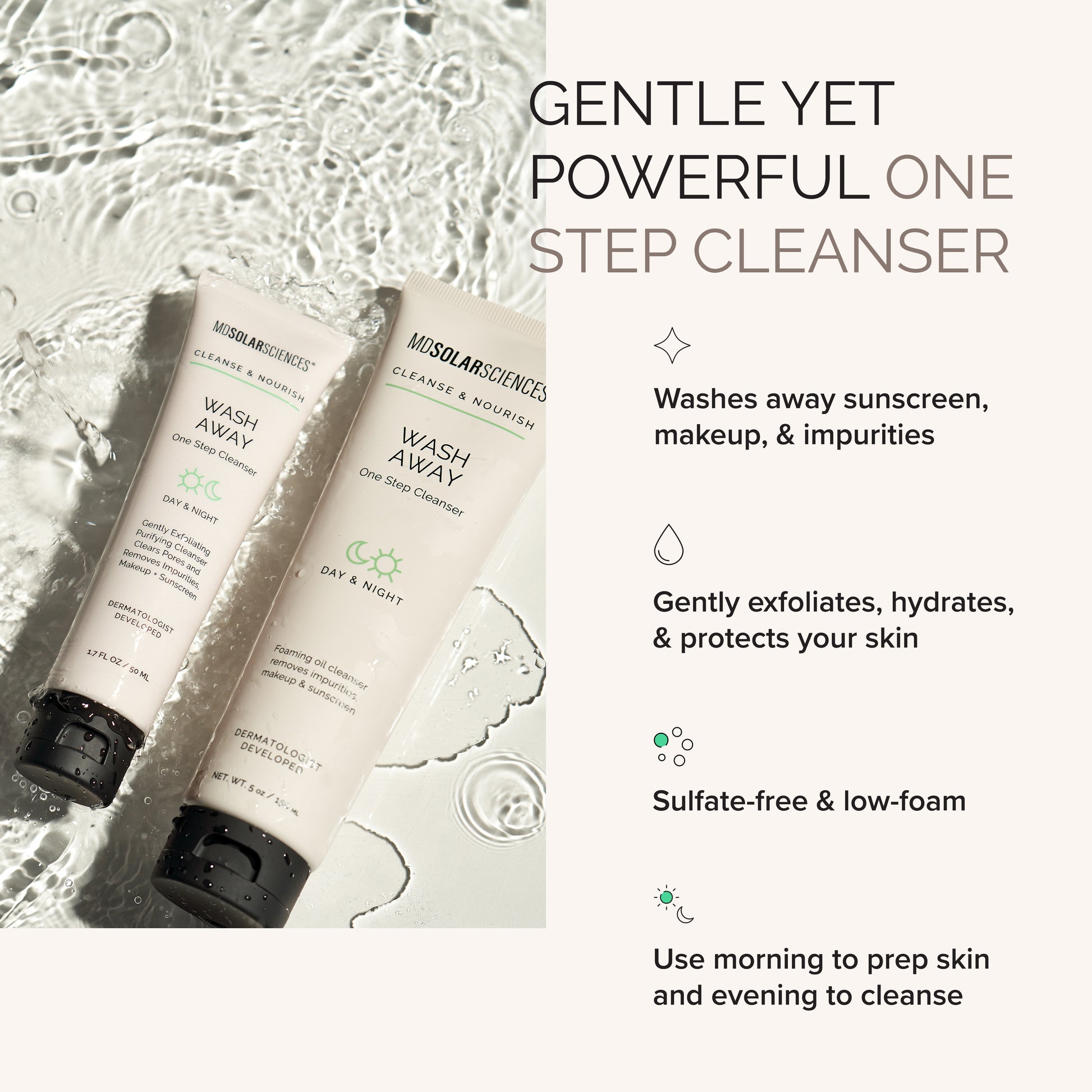 Two bottles of 'Wash Away' cleanser with text highlighting its features