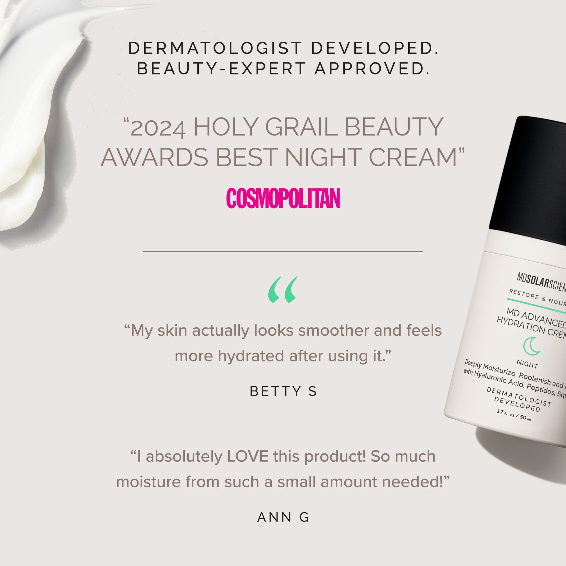Cosmetic cream with accolades and customer testimonials