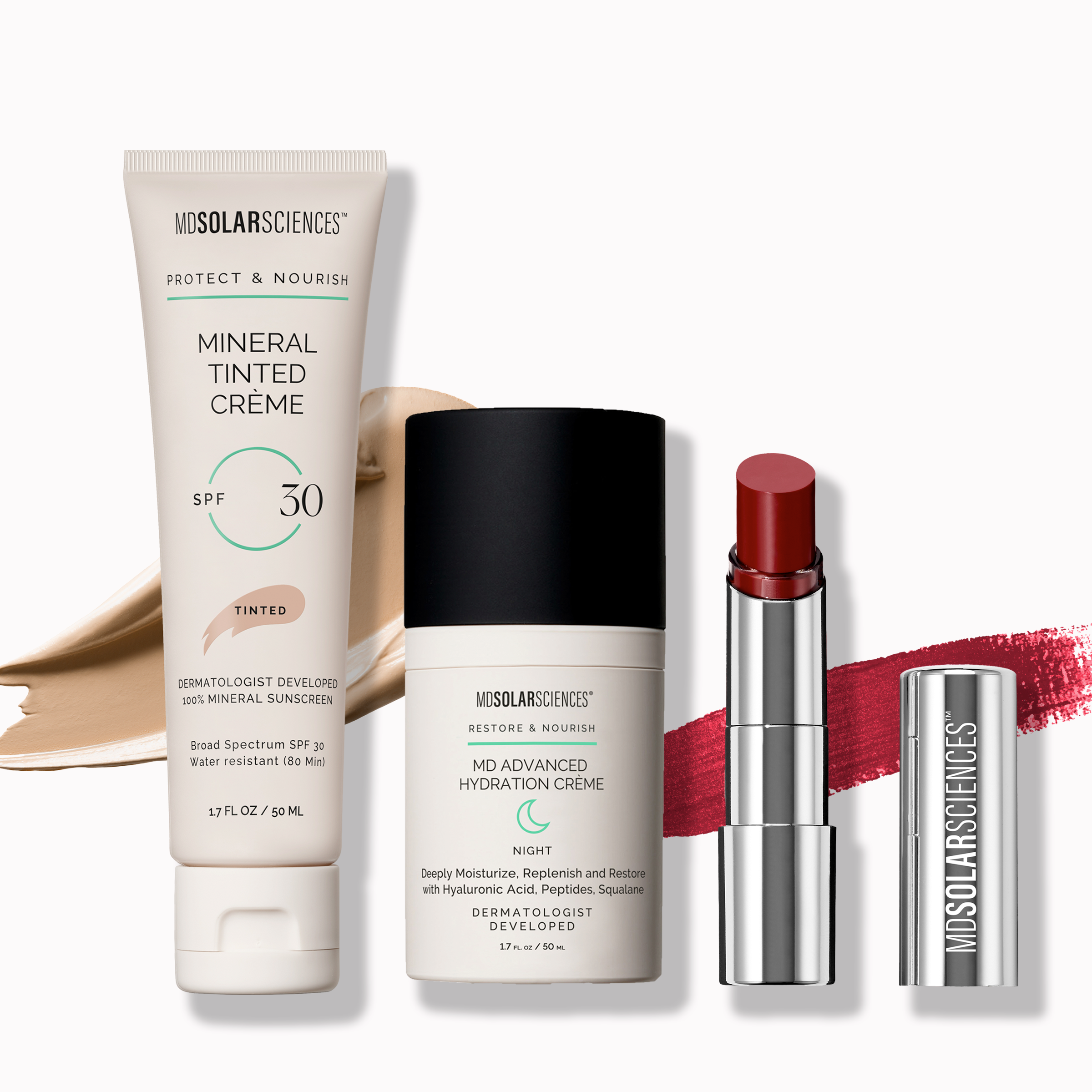 Collection of Mdsolar Sciences skincare and makeup products