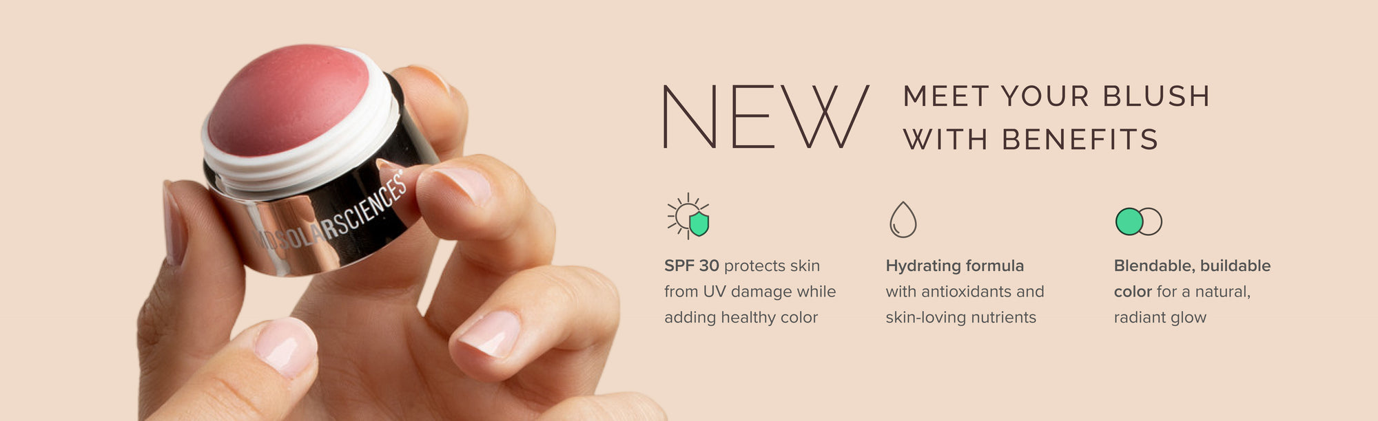 Cosmetic blush stick with a hand holding it, set against a beige background.