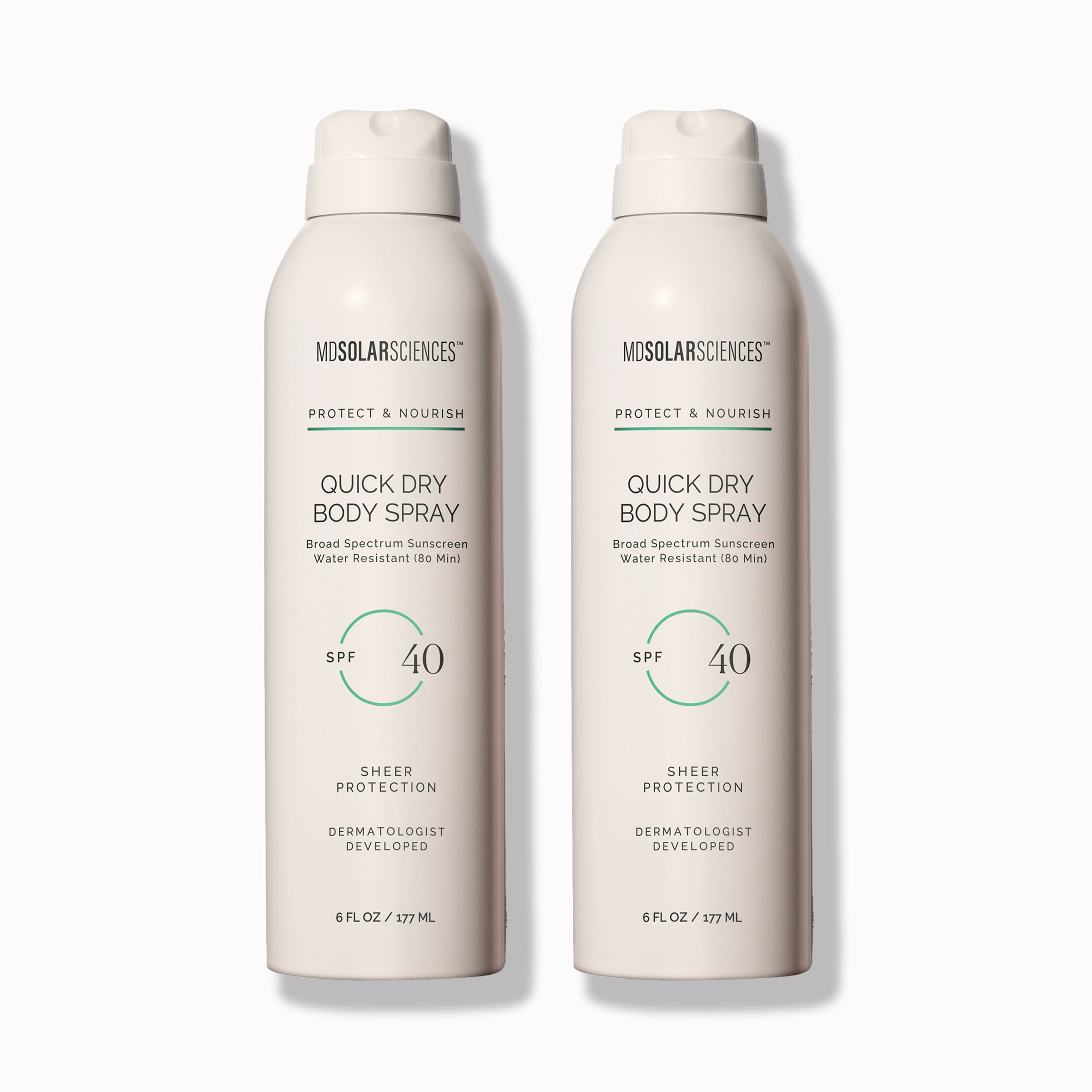 Two bottles of Mdsolar Sciences Quick Dry Body Spray