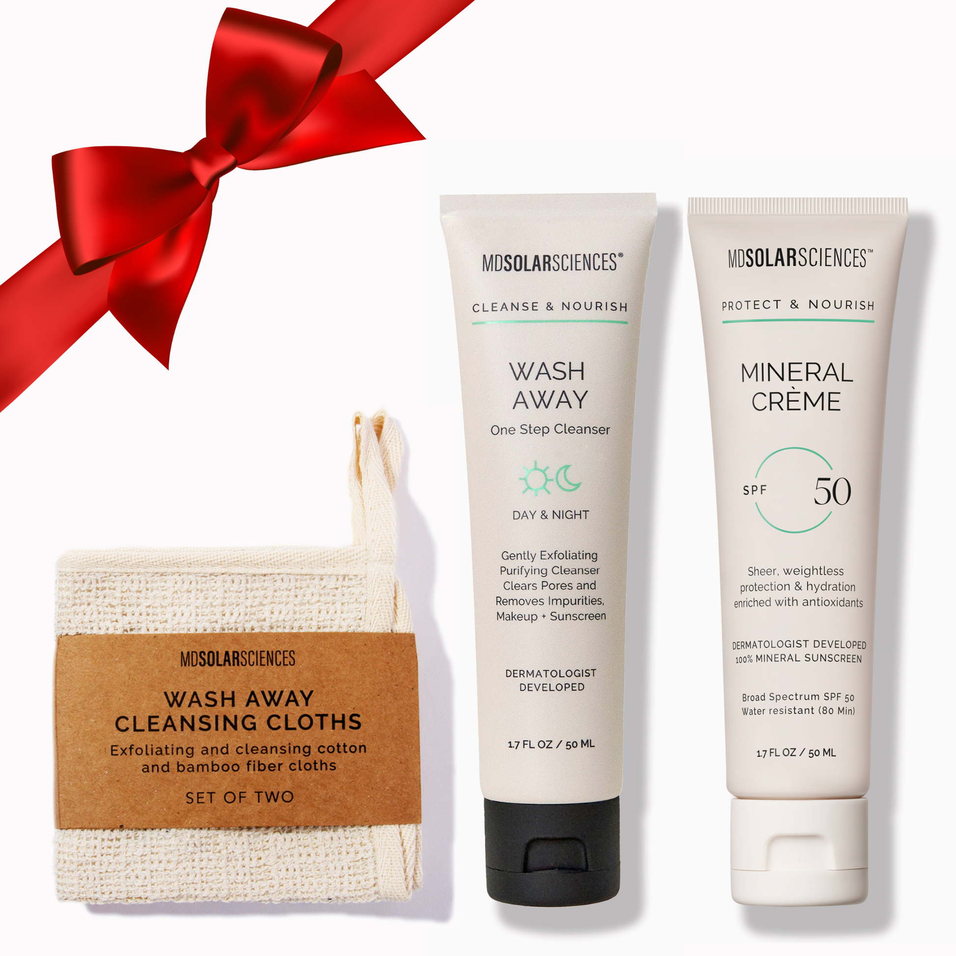 MdsolarSciences skincare product set with 'Wash Away' cleanser, 'Mineral Crème' sunscreen, and cleansing cloths