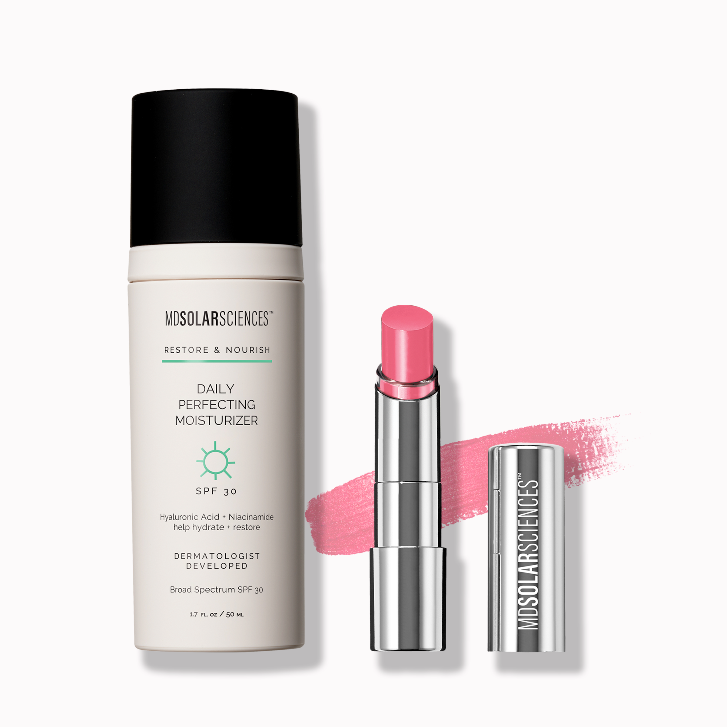 MDSOLARSCIENCE daily perfecting moisturizer product and lipstick
