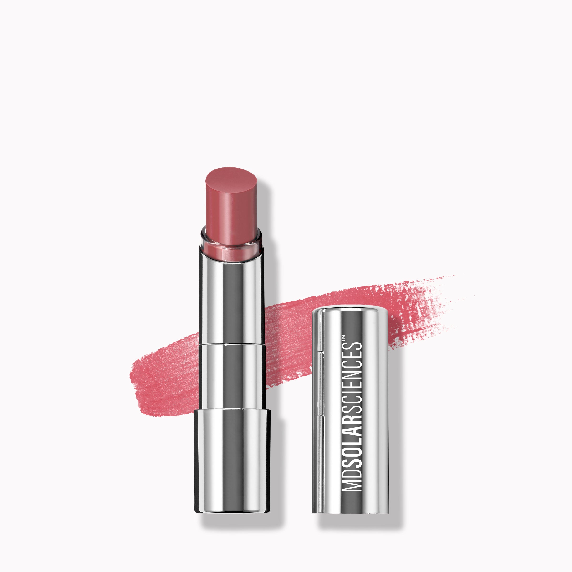 A tinted lip balm with SPF, shown in an open tube with a swatch of the blush color shown beside it.
