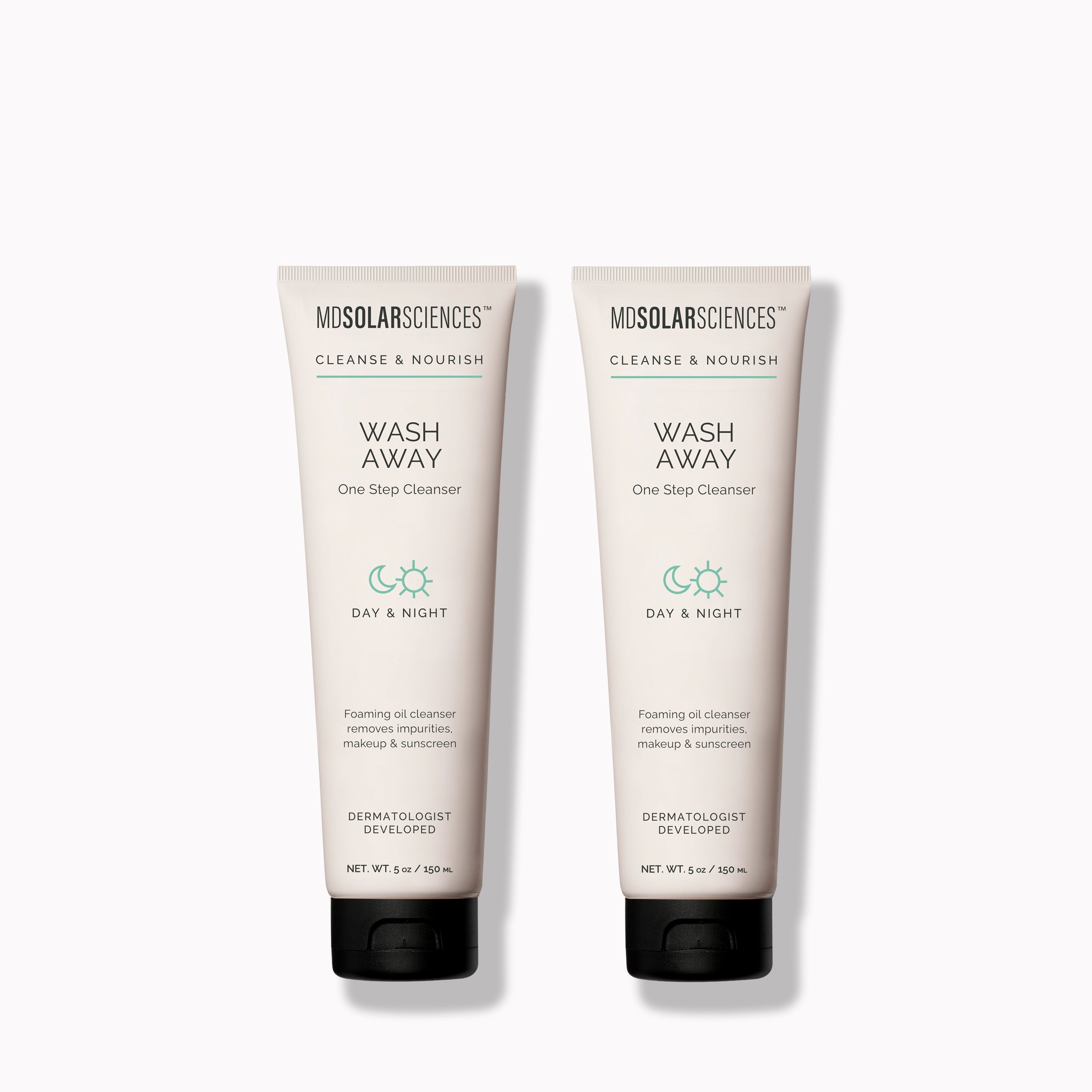 Two tubes of MD Solar Sciences cleanser, labeled 'WASH AWAY' for day & night use