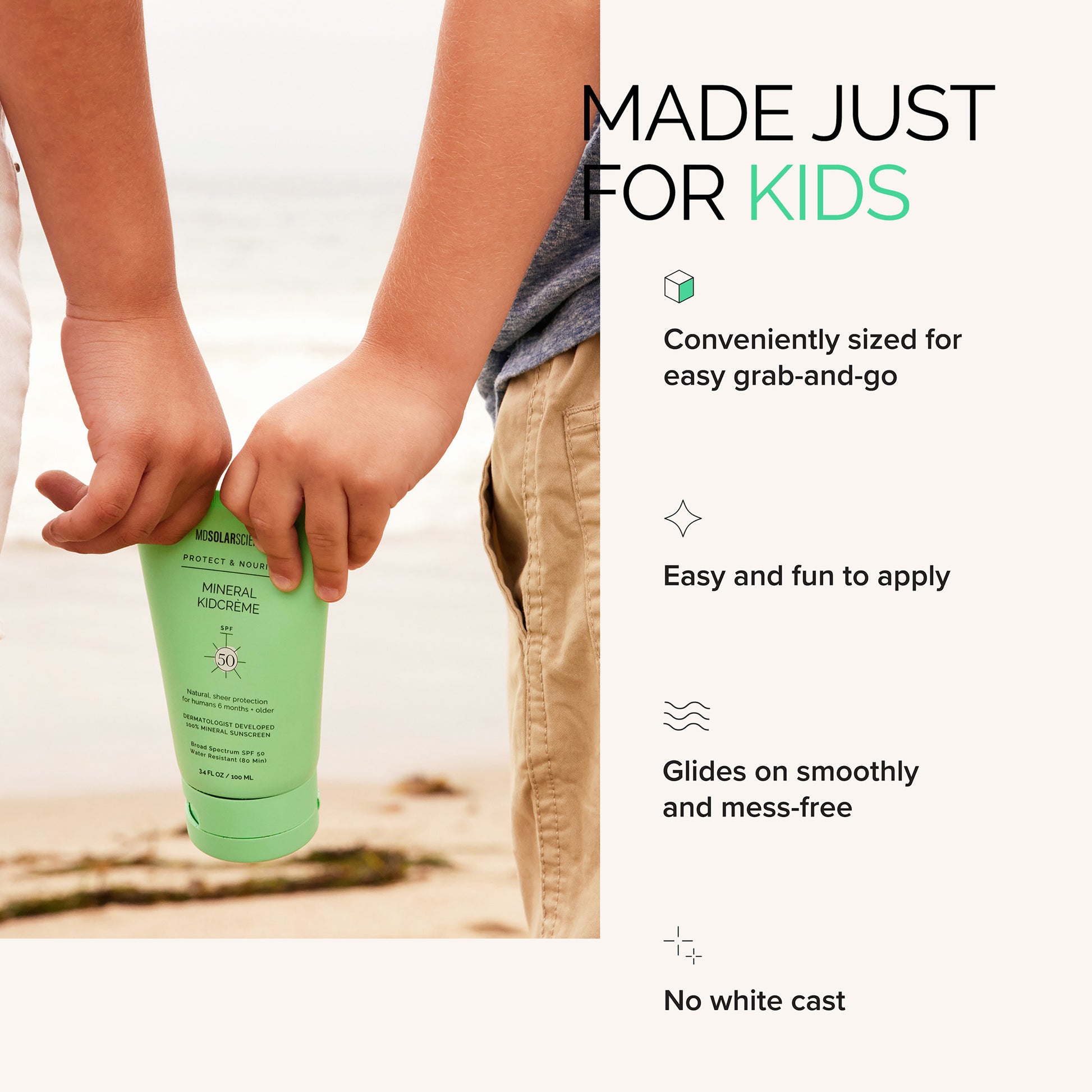 Green tube of sunscreen held by a child's hand with text about its features.