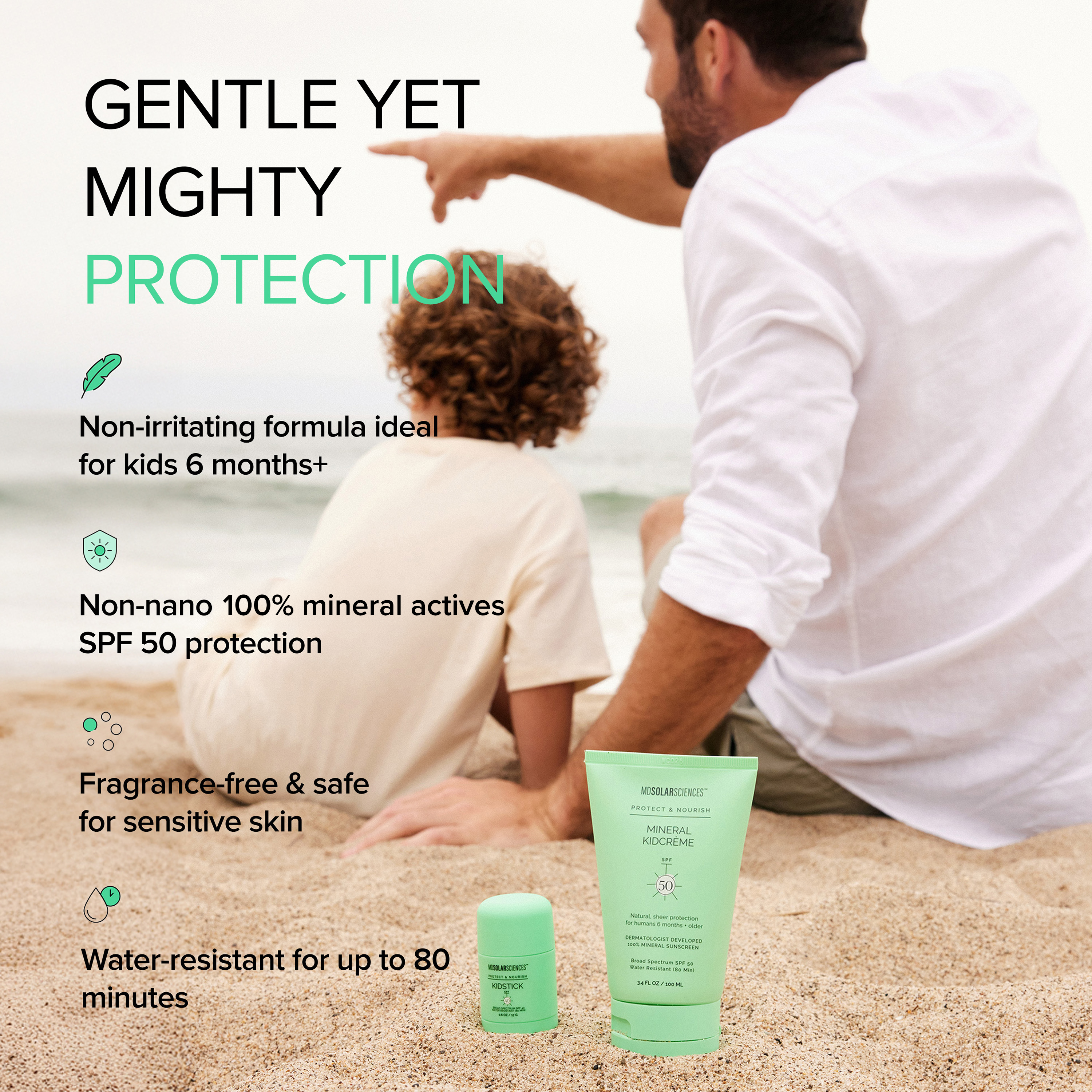 Two people sitting on sand with a green skincare product, text about product features.