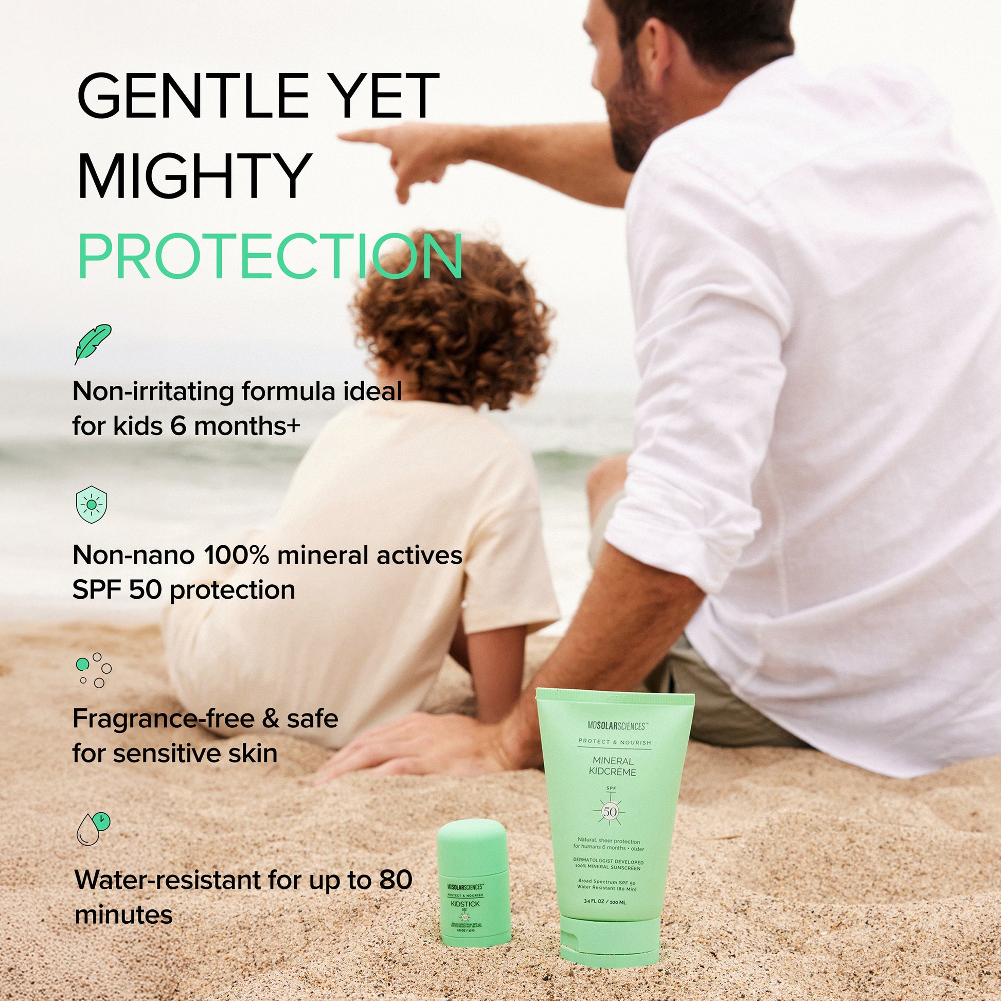 Two people sitting on sand with a green skincare product, text about product features.