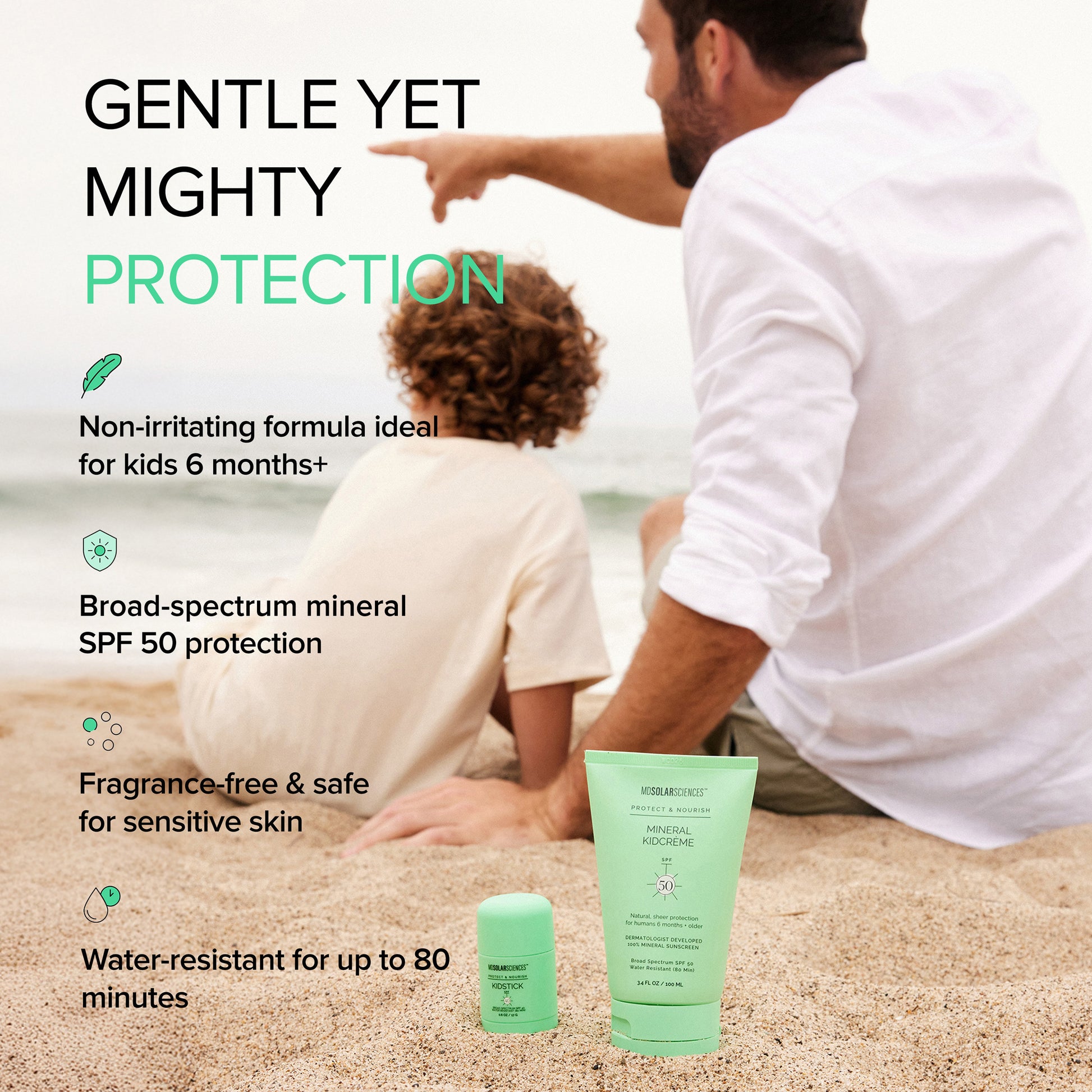 Two people sitting on sand with green sunscreen products and text about product features.