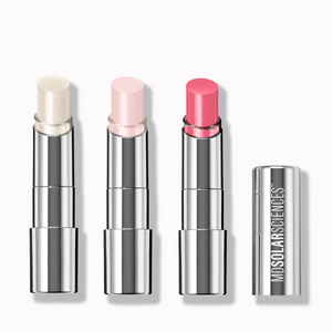 Set of three lipsticks with silver casings on a white background, featuring the MDSolarSciences brand.