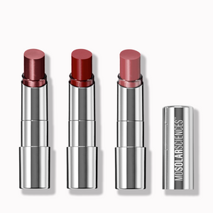 Three lipsticks with silver casings on a white background, featuring the MDSolarSciences brand.