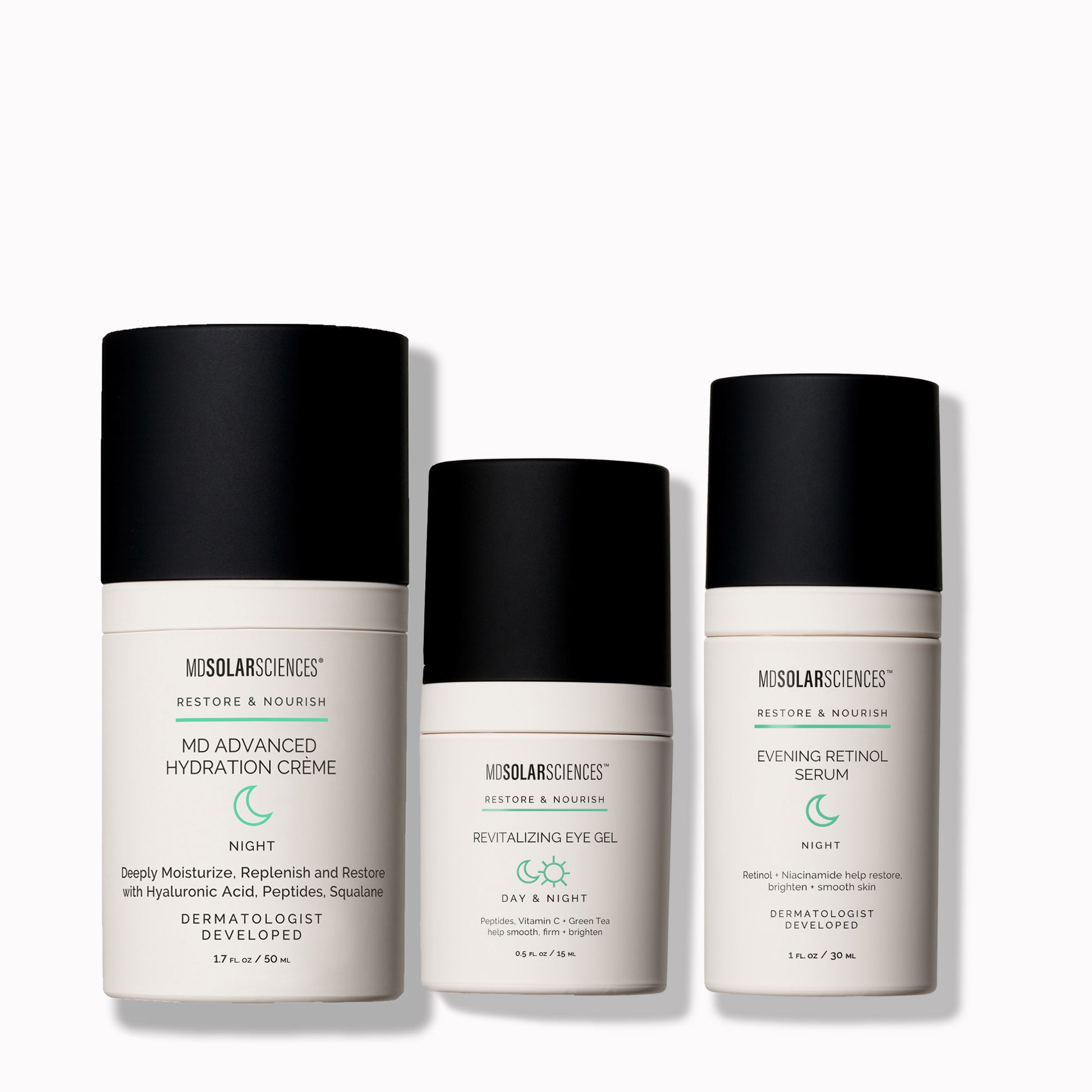 Three skincare bottles from MDSolarSciences on a white background