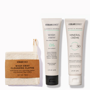 MosolarSciences skincare products including cleansing cloths, cleanser, and mineral crème on a white background