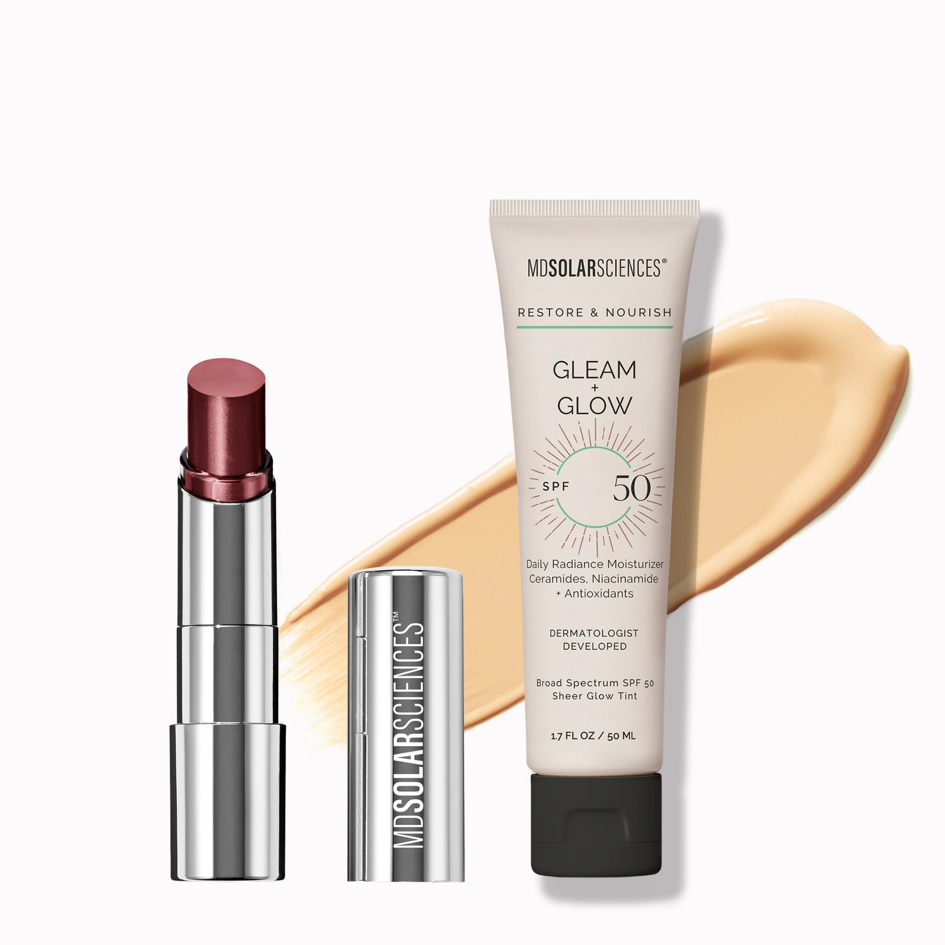 Lipstick and sunscreen tube with 'MDSolarSciences' branding on a white background.